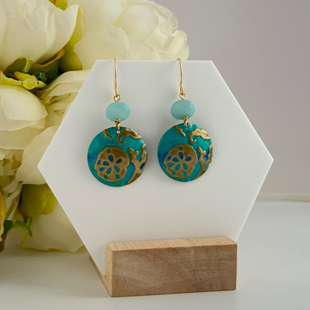 Sand Dollar Hand painted with Chrysocolla Gemstones Dangle Earrings